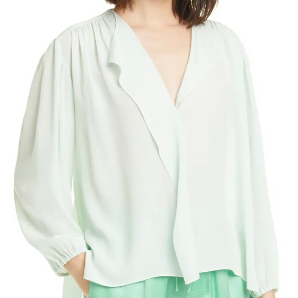 VINCE Shirred Long Sleeve Silk Blouse in SeaFoam Green
